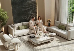 Tilal Binghatti Villas & Mansions by Binghatti luxury living room interior with contemporary furnishings and elegant natural lighting in Dubai - Presented by Tohid Fetrat