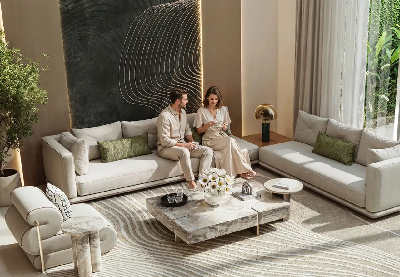 Tilal Binghatti Villas & Mansions by Binghatti luxury living room interior with contemporary furnishings and elegant natural lighting in Dubai - Presented by Tohid Fetrat