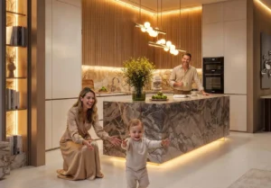 Tilal Binghatti Villas & Mansions by Binghatti luxury kitchen interior with marble island and contemporary family living atmosphere in Dubai - Presented by Tohid Fetrat