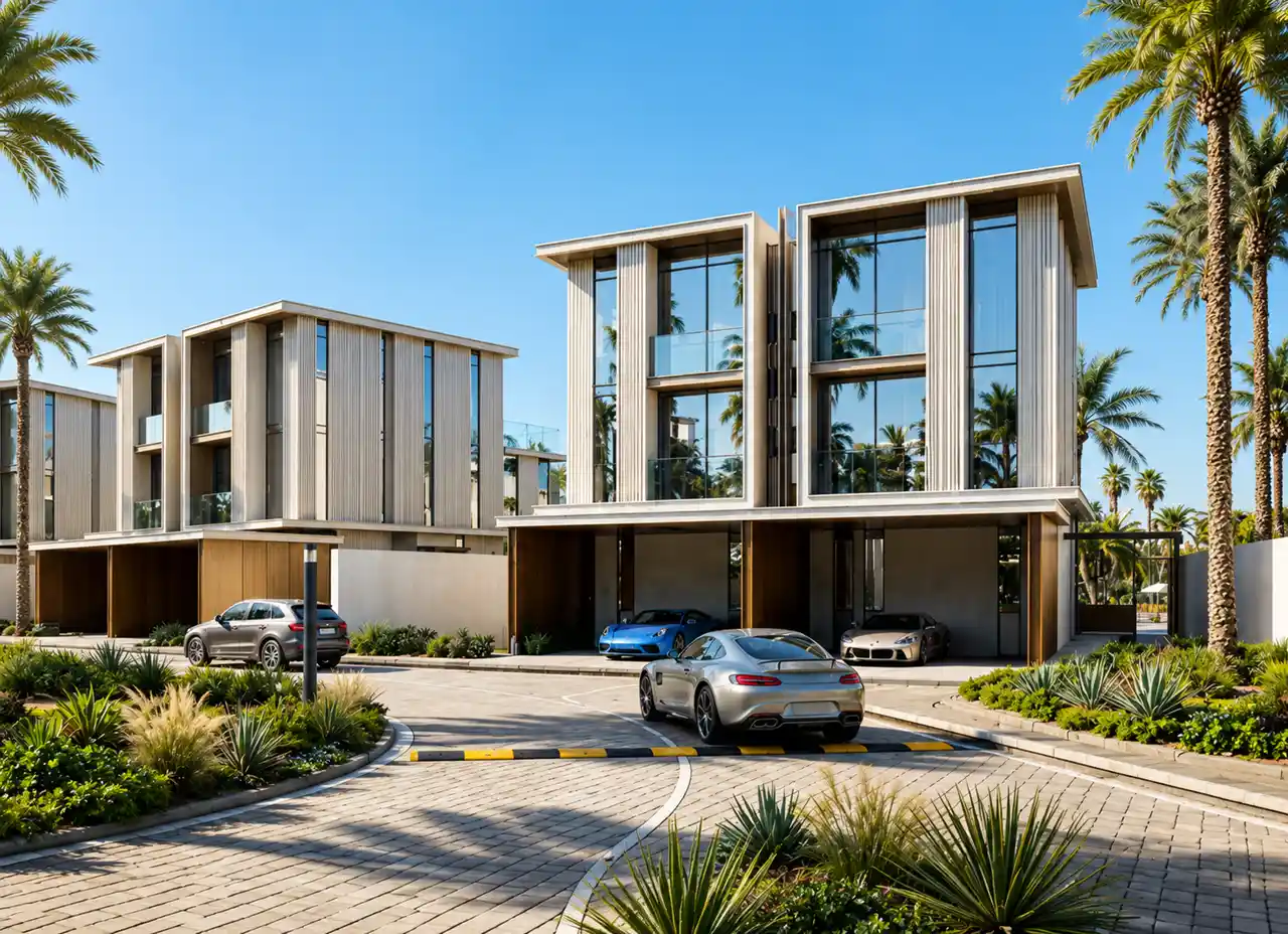 Tilal Binghatti Villas & Mansions by Binghatti luxury villa exteriors with contemporary architecture and palm lined streets in Dubai - Presented by Tohid Fetrat