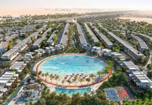 Tilal Binghatti Villas & Mansions by Binghatti aerial view of the master community with crystal lagoon and landscaped surroundings in Dubai - Presented by Tohid Fetrat