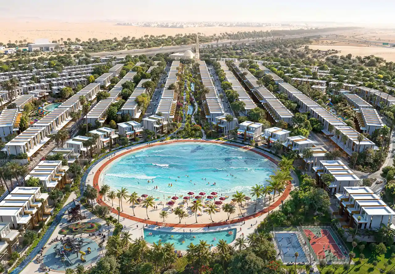 Tilal Binghatti Villas & Mansions by Binghatti aerial view of the master community with crystal lagoon and landscaped surroundings in Dubai - Presented by Tohid Fetrat