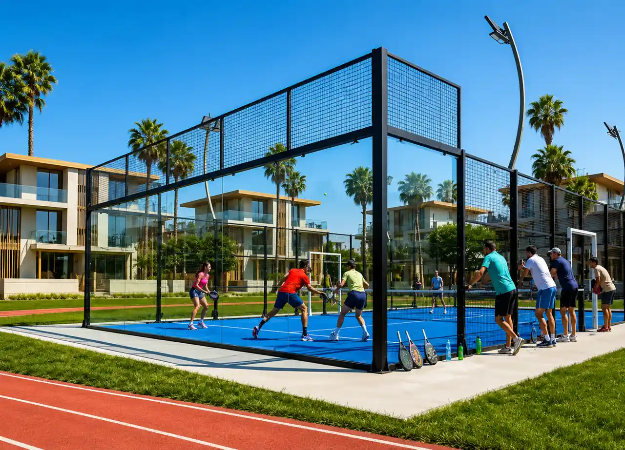 Tilal Binghatti Villas & Mansions by Binghatti padel court amenity surrounded by luxury villas and landscaped greenery in Dubai - Presented by Tohid Fetrat