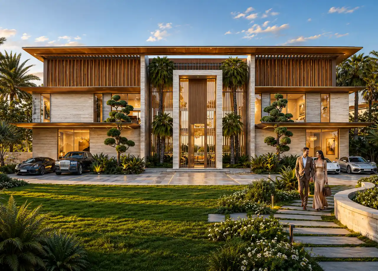 Tilal Binghatti Villas & Mansions by Binghatti ultra luxury mansion with grand architectural facade and landscaped surroundings in Dubai - Presented by Tohid Fetrat