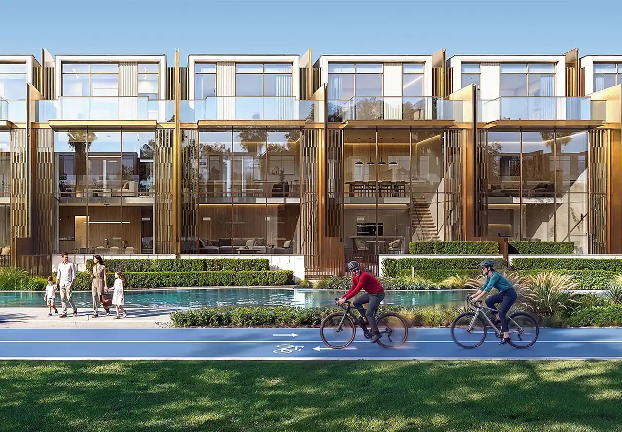 Tilal Binghatti Villas & Mansions by Binghatti contemporary waterfront villa facades with cycling track and landscaped surroundings in Dubai - Presented by Tohid Fetrat