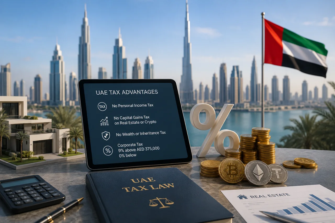 UAE tax advantages for crypto and real estate investors in Dubai with skyline and digital asset concepts Presented by Tohid Fetrat