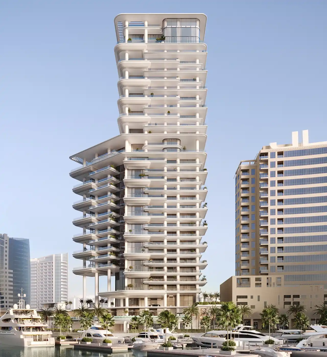 VELA by OMNIYAT construction update January 2025 showing the waterfront tower and marina setting in Business Bay Dubai Presented by Tohid Fetrat
