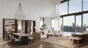 VELA Dorchester Collection by Omniyat 4 bedroom Marina Residences living and dining area with double height ceilings and Dubai skyline views in Dubai - Presented by Tohid Fetrat