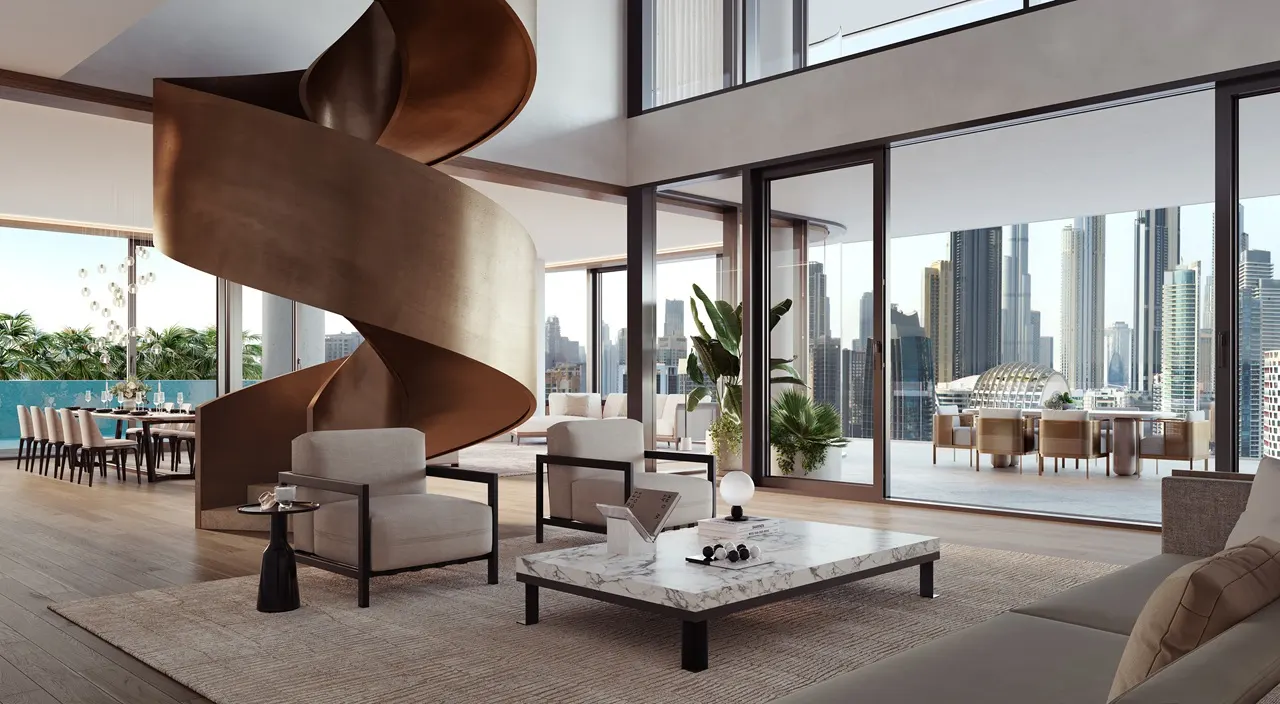 VELA Dorchester Collection by Omniyat duplex residence living area with sculptural spiral staircase and panoramic Dubai skyline views in Dubai - Presented by Tohid Fetrat