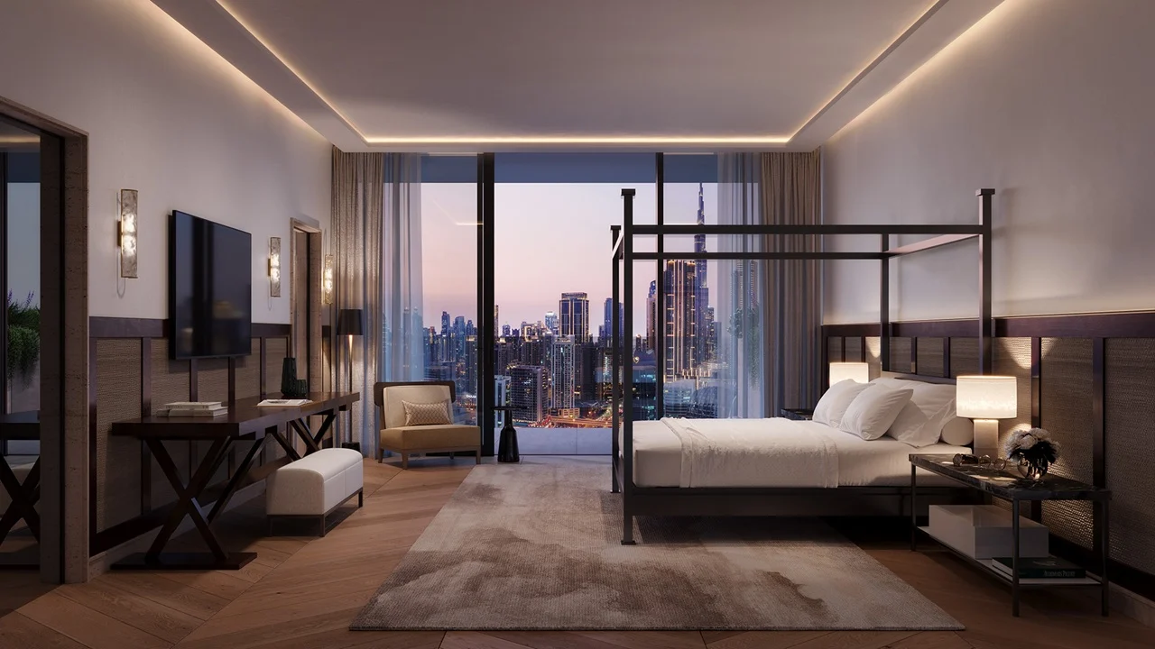 VELA Dorchester Collection by Omniyat luxury bedroom with Burj Khalifa skyline views and contemporary interiors in Dubai - Presented by Tohid Fetrat