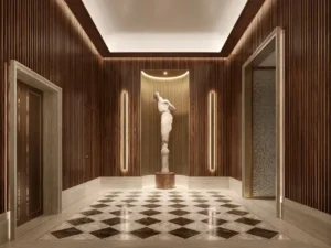 VELA Dorchester Collection by Omniyat luxury lobby elevator hall with marble flooring and refined interior design in Dubai - Presented by Tohid Fetrat