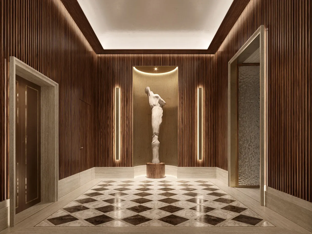 VELA Dorchester Collection by Omniyat luxury lobby elevator hall with marble flooring and refined interior design in Dubai - Presented by Tohid Fetrat