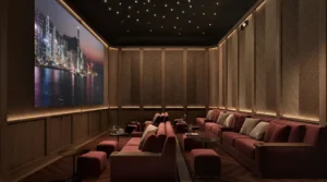 VELA Dorchester Collection by Omniyat private cinema lounge with luxury seating and ambient lighting in Dubai - Presented by Tohid Fetrat