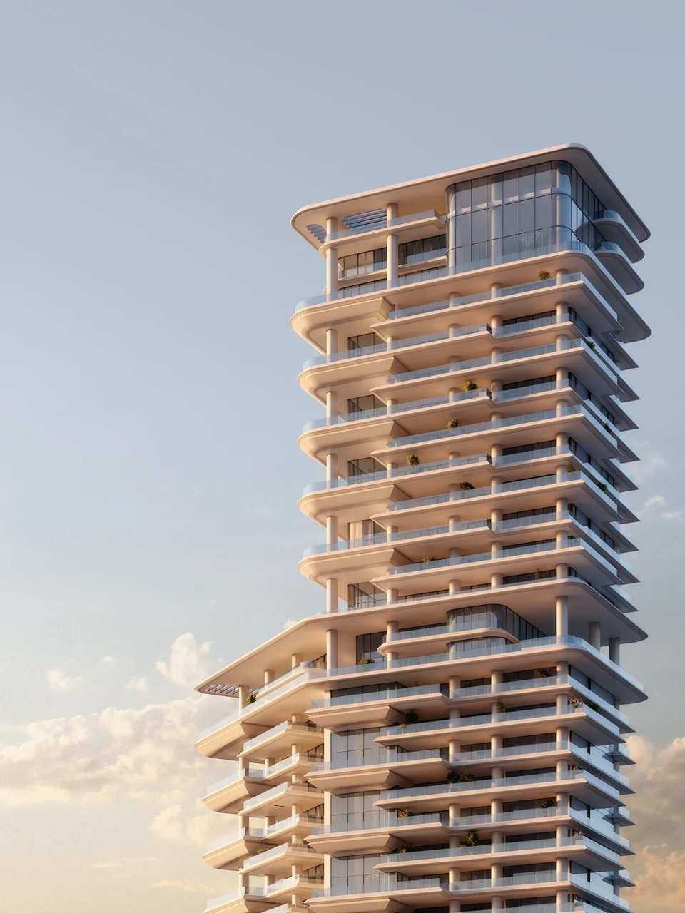 VELA Dorchester Collection by Omniyat luxury residential tower exterior with sculpted terraces in Dubai - Presented by Tohid Fetrat