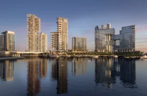 VELA Dorchester Collection by Omniyat waterfront towers overlooking Dubai Water Canal and luxury marina in Dubai - Presented by Tohid Fetrat