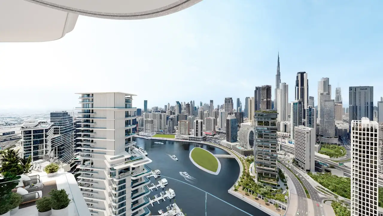 VELA Viento Dorchester Collection by Omniyat elevated balcony view overlooking Downtown Dubai and Burj Khalifa - Presented by Tohid Fetrat