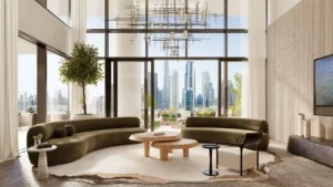 VELA Viento Dorchester Collection by Omniyat double height luxury living room with panoramic Dubai skyline views - Presented by Tohid Fetrat