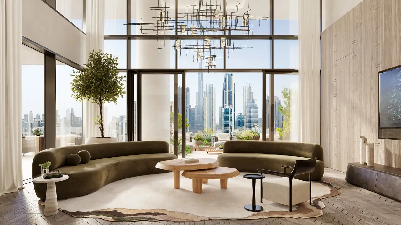 VELA Viento Dorchester Collection by Omniyat double height luxury living room with panoramic Dubai skyline views - Presented by Tohid Fetrat