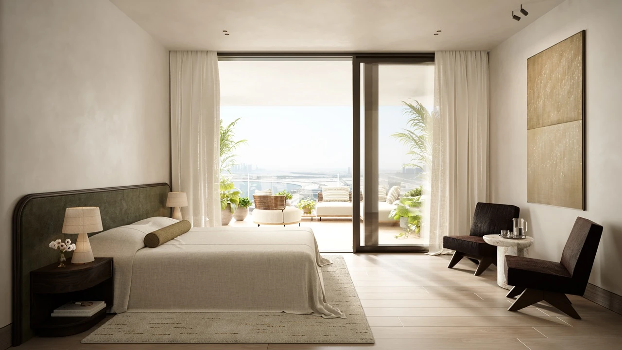 VELA Viento Dorchester Collection by Omniyat luxury guest bedroom with private terrace view in Dubai - Presented by Tohid Fetrat