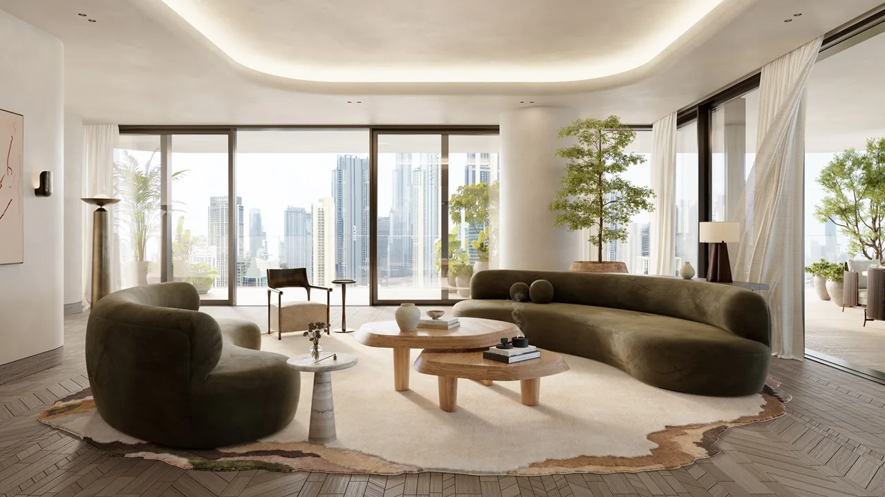 VELA Viento Dorchester Collection by Omniyat luxury living room with panoramic Dubai skyline views - Presented by Tohid Fetrat