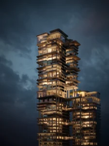 VELA Viento Dorchester Collection by Omniyat illuminated luxury residential tower facade at night in Dubai - Presented by Tohid Fetrat