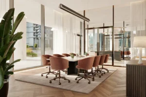 VELA Viento Dorchester Collection by Omniyat luxury meeting room with contemporary workspace interiors in Dubai - Presented by Tohid Fetrat
