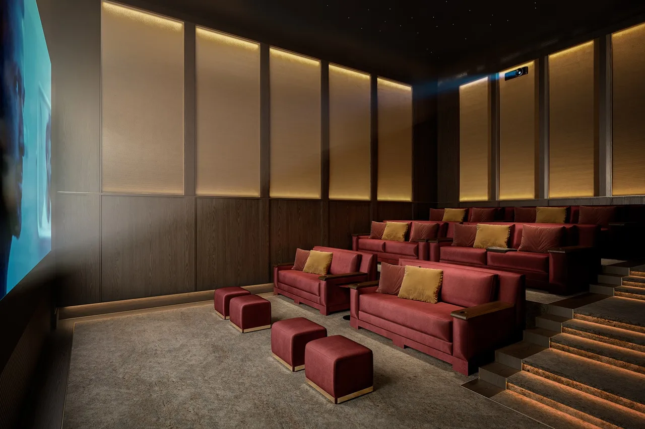 VELA Viento Dorchester Collection by Omniyat private cinema room with luxury seating and ambient lighting in Dubai - Presented by Tohid Fetrat