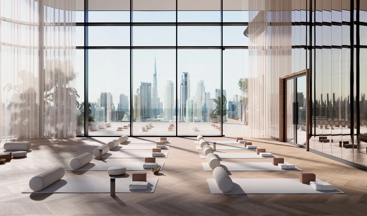 VELA Viento Dorchester Collection by Omniyat luxury yoga studio with panoramic Dubai skyline views - Presented by Tohid Fetrat