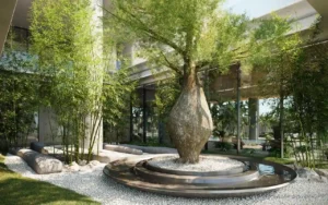 VELA Viento Dorchester Collection by Omniyat zen garden landscape with tranquil water feature in Dubai - Presented by Tohid Fetrat