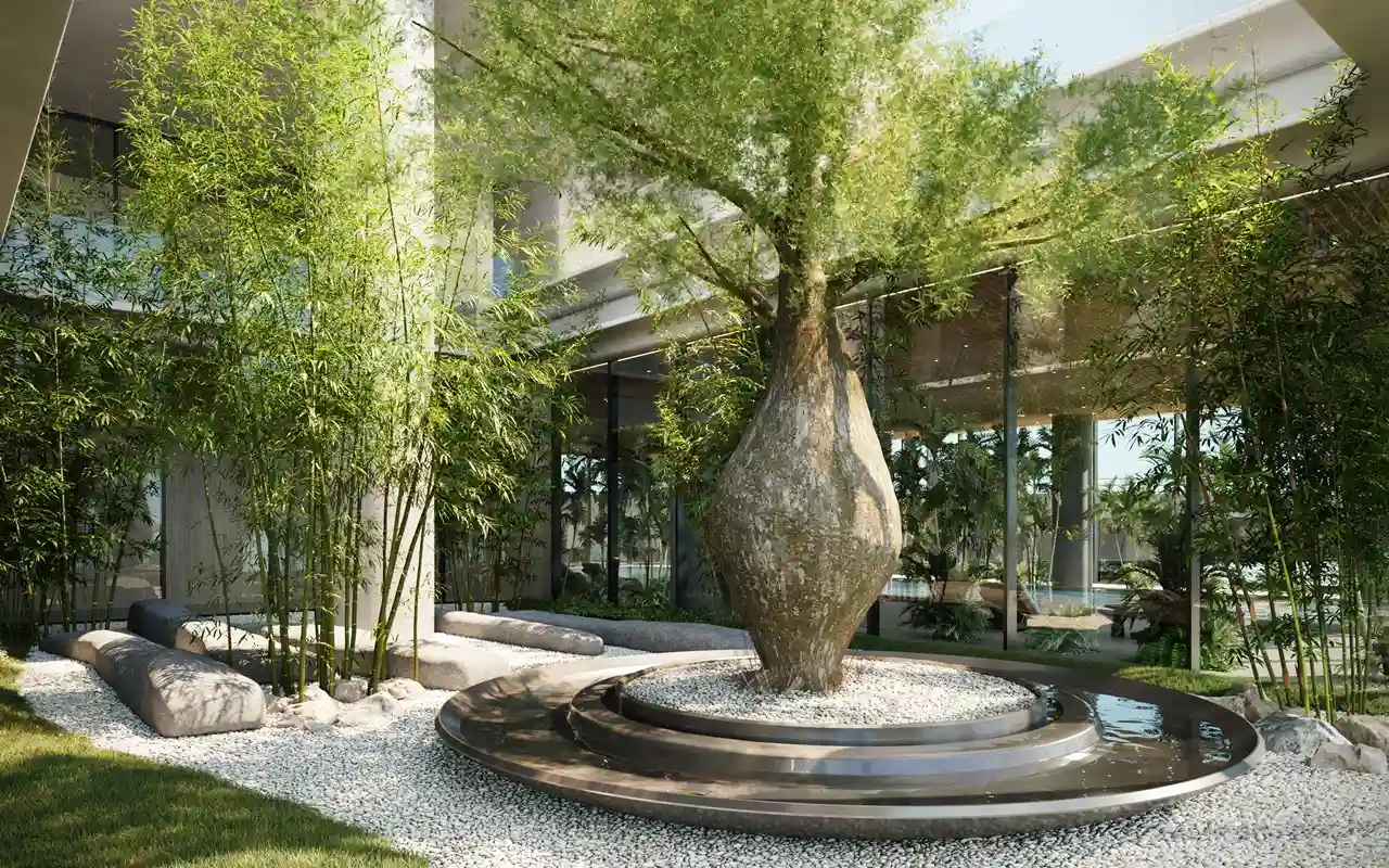 VELA Viento Dorchester Collection by Omniyat zen garden landscape with tranquil water feature in Dubai - Presented by Tohid Fetrat