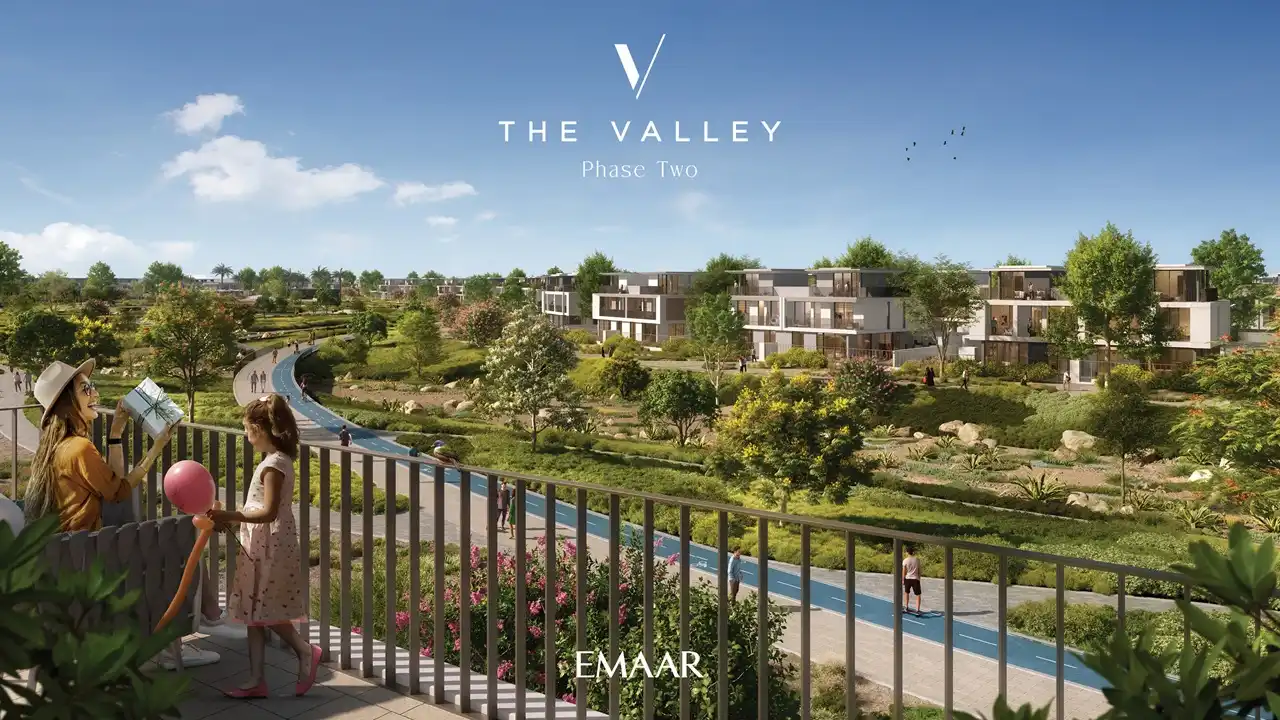 Velora 2 at The Valley by Emaar balcony view overlooking landscaped parks and cycling trails in Dubai - Presented by Tohid Fetrat