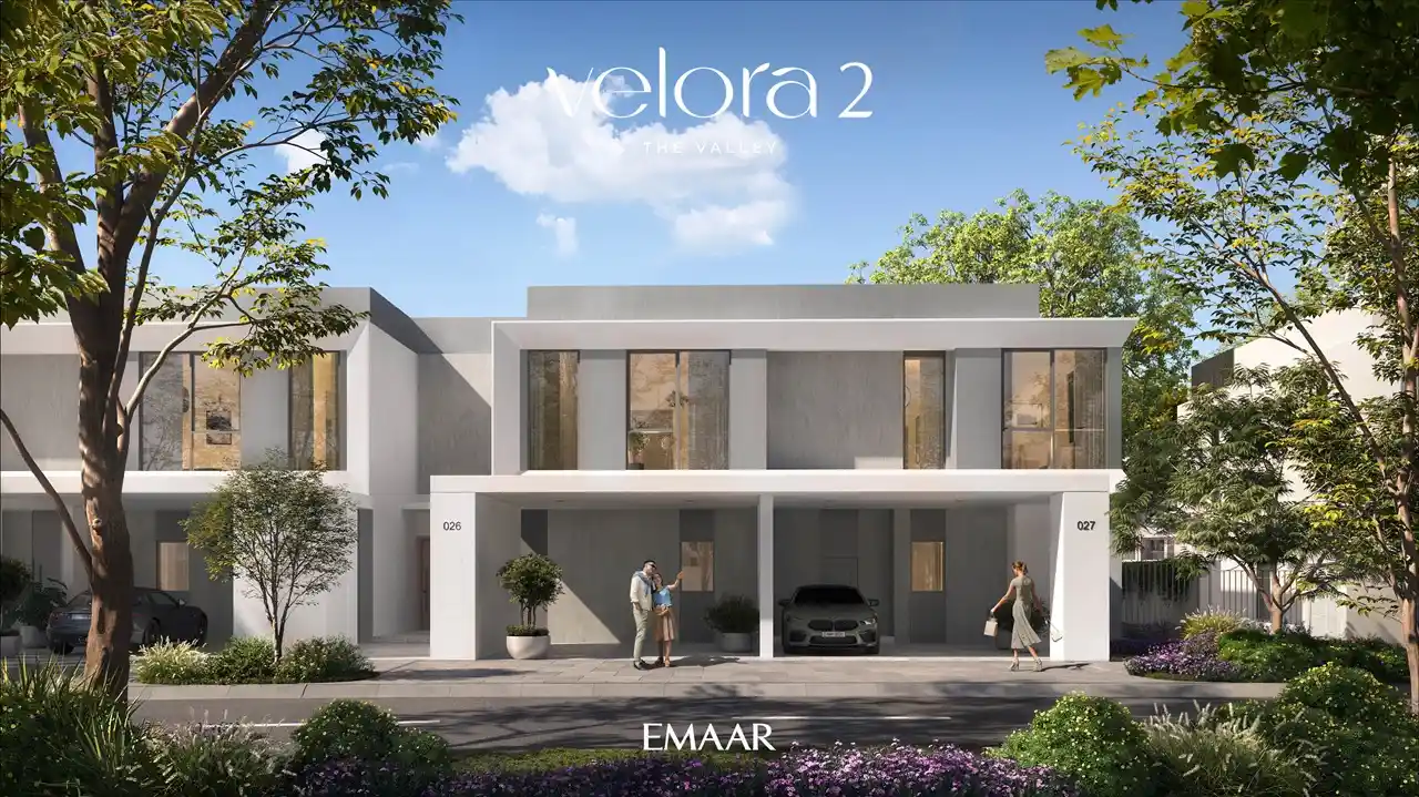 Velora 2 at The Valley by Emaar contemporary townhouse facade with minimalist architecture and landscaped surroundings in Dubai - Presented by Tohid Fetrat