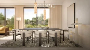 Velora 2 at The Valley by Emaar contemporary dining room interior with elegant furnishings and garden views in Dubai - Presented by Tohid Fetrat