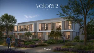 Velora 2 at The Valley by Emaar evening view of contemporary townhouse residences with landscaped gardens in Dubai - Presented by Tohid Fetrat