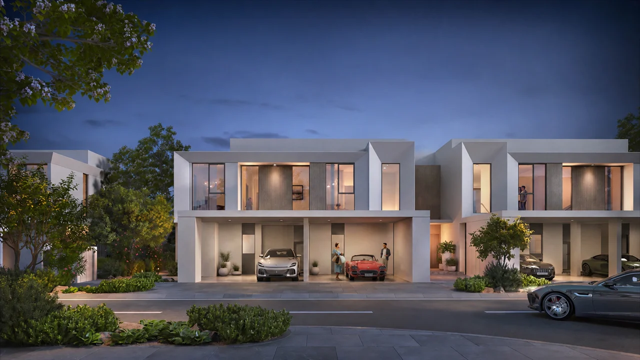 Velora 2 at The Valley by Emaar luxury townhouse night view with illuminated contemporary architecture in Dubai - Presented by Tohid Fetrat