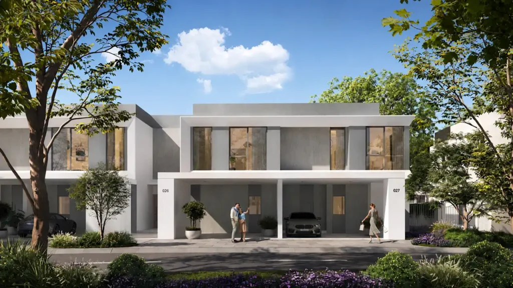 Velora 2 at The Valley by Emaar modern townhouse exterior with minimalist architecture and landscaped greenery in Dubai - Presented by Tohid Fetrat