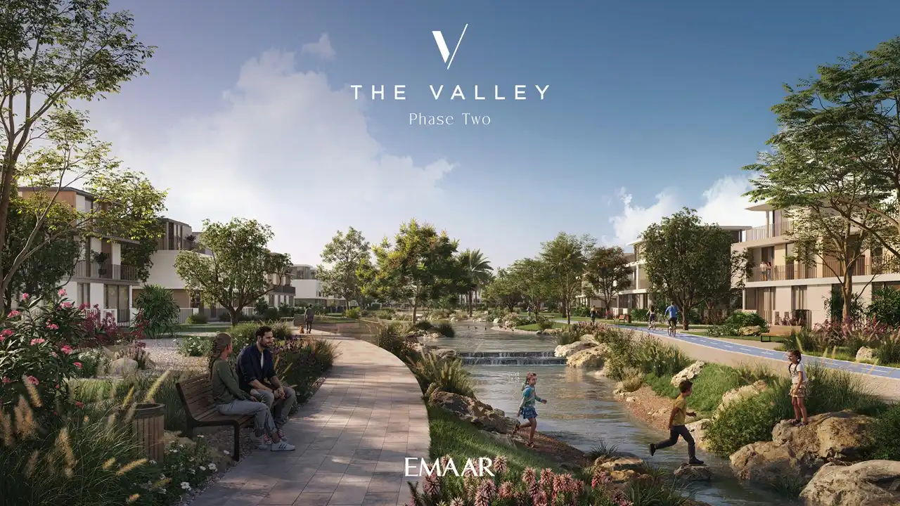 Velora 2 at The Valley by Emaar landscaped riverside walkway with modern residences and green open spaces in Dubai - Presented by Tohid Fetrat