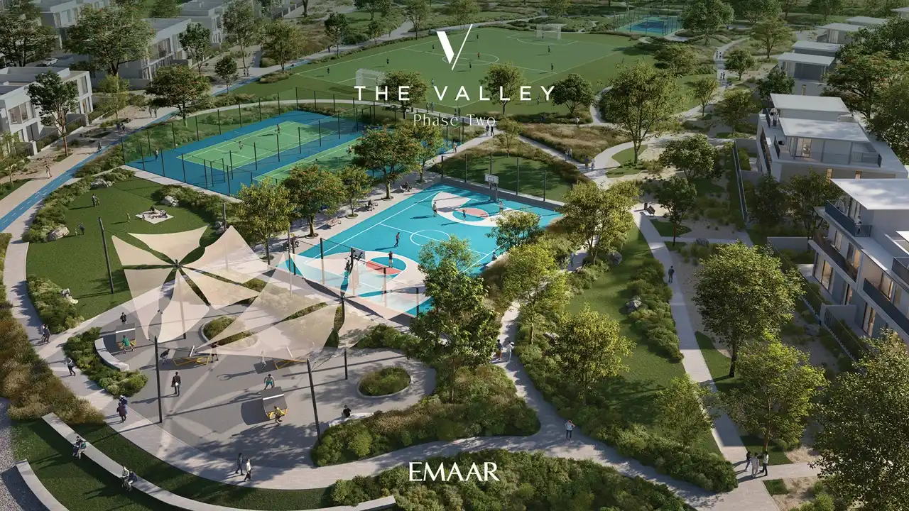 Velora 2 at The Valley by Emaar outdoor sports courts and landscaped recreation park in Dubai - Presented by Tohid Fetrat