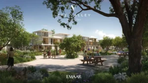 Velora 2 at The Valley by Emaar landscaped community park with modern residences and outdoor seating areas in Dubai - Presented by Tohid Fetrat