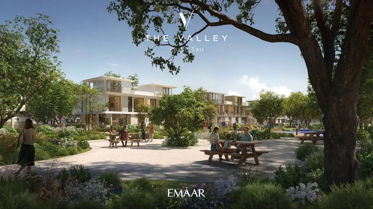 Velora 2 at The Valley by Emaar landscaped community park with modern residences and outdoor seating areas in Dubai - Presented by Tohid Fetrat