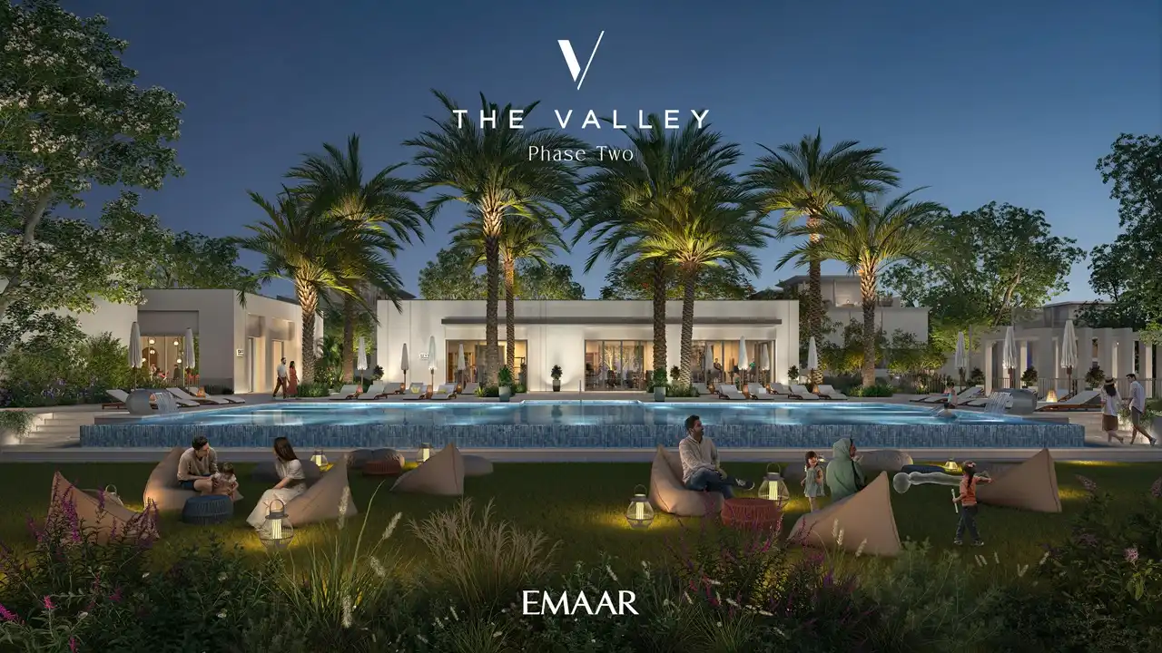Velora 2 at The Valley by Emaar luxury pool and clubhouse surrounded by palm trees and landscaped gardens in Dubai - Presented by Tohid Fetrat