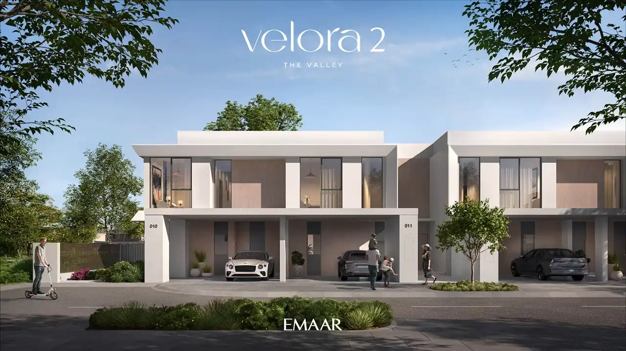 Velora 2 at The Valley by Emaar contemporary townhouse exterior with private parking and landscaped surroundings in Dubai - Presented by Tohid Fetrat