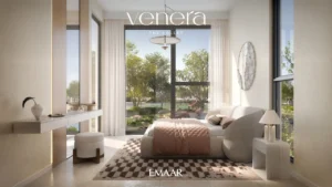 Venera at The Valley by Emaar contemporary bedroom interior with floor to ceiling windows and landscaped garden views in Dubai - Presented by Tohid Fetrat