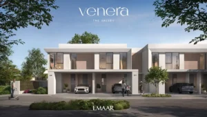 Venera at The Valley by Emaar contemporary townhouse facade with private parking and landscaped surroundings in Dubai - Presented by Tohid Fetrat
