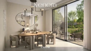 Venera at The Valley by Emaar contemporary dining room interior with garden views and floor to ceiling windows in Dubai - Presented by Tohid Fetrat