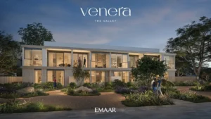 Venera at The Valley by Emaar contemporary townhouses with evening ambiance and landscaped garden surroundings in Dubai - Presented by Tohid Fetrat