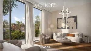 Venera at The Valley by Emaar contemporary living room interior with floor to ceiling windows and garden views in Dubai - Presented by Tohid Fetrat