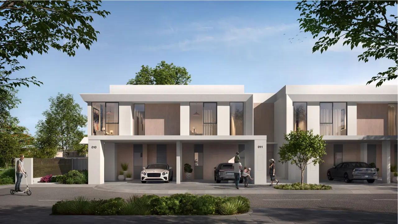 Venera at The Valley by Emaar modern townhouse facade with private parking and landscaped streetscape in Dubai - Presented by Tohid Fetrat