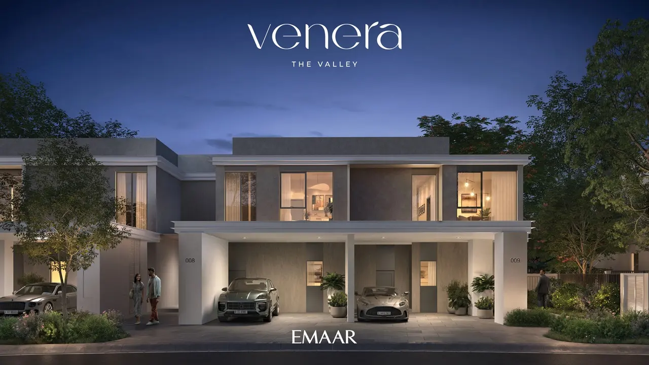 Venera at The Valley by Emaar modern townhouse night view with illuminated interiors and landscaped surroundings in Dubai - Presented by Tohid Fetrat