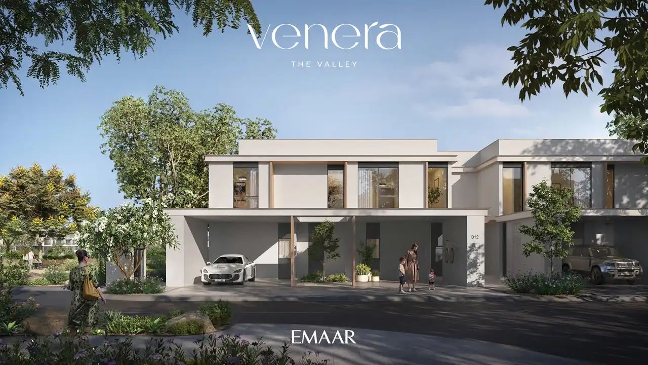 Venera at The Valley by Emaar contemporary townhouse street view with landscaped surroundings and covered parking in Dubai - Presented by Tohid Fetrat